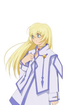  1girl artist_request blonde_hair blue_eyes blue_trim closed_mouth colette_brunel game_cg gem gold_choker hand_on_own_chest jewelry long_hair necklace official_art red_gem smile solo tales_of_(series) tales_of_asteria tales_of_symphonia third-party_source transparent_background 