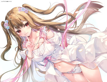  1girl absurdres arm_behind_back artist_name blue_flower bow bow_panties bracelet breasts brown_hair center-flap_bangs cleavage closed_mouth collarbone colored_inner_hair cowboy_shot dengeki_moeoh dress dress_bow dutch_angle falling_petals floating_hair flower glowing glowing_petals hair_flower hair_ornament hand_up highres index_finger_raised jewelry large_breasts light_blush light_particles light_smile lips long_hair looking_at_viewer magazine_scan miwabe_sakura multicolored_hair navel off-shoulder_dress off_shoulder original panties petals pink_bow pink_hair pink_ribbon puffy_short_sleeves puffy_sleeves purple_flower red_eyes ribbon scan shiny_skin short_sleeves sidelocks simple_background smile solo standing third-party_source two-tone_hair two_side_up underwear very_long_hair white_background white_dress white_panties 