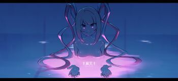  1girl beckoning blonde_hair blue_eyes blunt_bangs breasts chainsaw_man chouzetsusaikawa_tenshi-chan commentary completely_nude dated_commentary highres i'll_teach_you_everything_(chainsaw_man) illumination implied_nudity in_water light_reflection_(water) liveactors long_hair long_sidelocks looking_at_viewer medium_breasts movie_reference needy_girl_overdose no_nipples nude open_hands parody partially_submerged pink_light pool quad_tails scene_reference sidelocks skinny_dipping smile solo water wet 