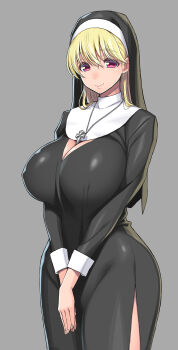  1girl black_dress black_veil blonde_hair breasts cleavage commentary_request covered_erect_nipples cross cross_necklace dress grey_background guimpe highres huge_breasts jewelry looking_at_viewer necklace nun nun_headdress original pink_eyes side_slit solo standing traditional_nun tsuji_santa veil 
