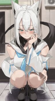  1girl ahoge animal_ear_fluff animal_ears aqua_eyes blue_neckerchief blush braid breasts detached_sleeves fox_ears fox_girl fox_tail hair_between_eyes hand_on_own_chin hashtag-only_commentary highres hololive long_hair looking_at_viewer neckerchief nekoshima_kaede shirakami_fubuki shirakami_fubuki_(1st_costume) shorts solo tail virtual_youtuber white_hair 