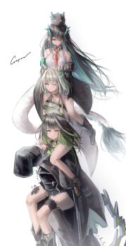 1other 3girls absurdres animal_ears aqua_hair arknights bare_shoulders black_hair black_jacket cat_ears cat_girl colored_extremities colored_skin commentary_request doctor_(arknights) dragon_bean_(arknights) dragon_girl dragon_horns dragon_tail dress dusk_(arknights) earrings green_dress green_eyes green_hair green_hands hair_over_one_eye highres hood hood_up hooded_jacket horns human_tower jacket jacket_partially_removed jewelry kal'tsit_(arknights) mon3tr_(arknights) multicolored_hair multiple_girls one_eye_closed pointy_ears red_eyes shi3 signature sleeveless sleeveless_dress sleeves_past_fingers sleeves_past_wrists stacking stethoscope stethoscope_around_neck tail tassel tassel_earrings white_dress white_hair 
