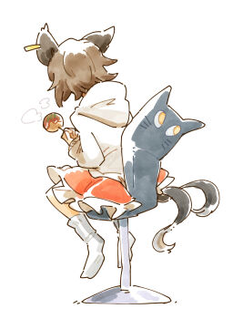  1girl alternate_costume animal_ears brown_hair cat_ears cat_furniture cat_tail chair chen commentary_request earrings food frilled_skirt frills from_behind full_body gold_earrings highres holding holding_food hood hoodie jewelry multiple_tails okonomiyaki red_skirt short_hair simple_background single_earring sitting skirt socks solo swivel_chair tail touhou two_tails white_background white_hoodie white_socks ziro_(daydozen) 