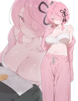 1boy 1girl absurdres ahoge averting_eyes bra breast_press breasts cleavage hair_over_one_eye highres large_breasts looking_at_viewer male_rover_(wuthering_waves) medium_breasts medium_hair midriff multiple_views navel open_pajamas out_of_frame pajamas pants pink_eyes pink_hair pink_pajamas pink_pants plump pov projected_inset rover_(wuthering_waves) taoqi_(wuthering_waves) underwear white_bra wuthering_waves xaea_xp rating:Sensitive score:126 user:danbooru