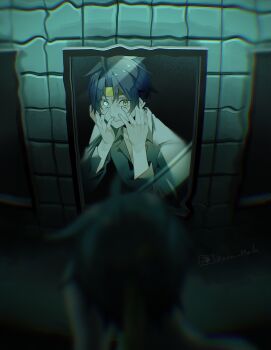  1boy absurdres asaba_harumasa black_choker black_hair black_necktie blue_eyes choker collarbone headband heterochromia highres looking_at_mirror male_focus mirror necktie parted_bangs parted_lips reflection reflection_focus shirt short_hair solo white_shirt yellow_eyes yellow_headband zenless_zone_zero zzz_moda 