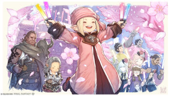  3girls 4boys :d artist_request character_print check_artist copyright_notice dark-skinned_male dark_skin disguise final_fantasy final_fantasy_xiv glasses glowstick highres hyur izumisawa_yasuhisa jumping lalafell masha_mhakaracca multiple_boys multiple_girls nanamo_ul_namo narumi_(ff14) official_art open_mouth picot_(ff14) pipin_tarupin pointy_ears promotional_art raubahn_aldynn roegadyn smile ulala_(ff14) 