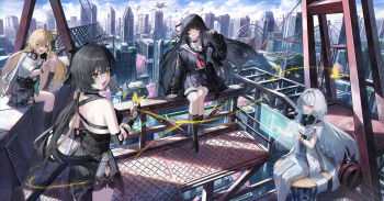  4girls absurdres bare_shoulders black_choker black_dress black_hair black_jacket black_serafuku black_shirt black_skirt black_socks blonde_hair bug butterfly cellphone chisa_(wuthering_waves) choker commentary cost_(kftf4582) dress elbow_pads female_rover_(wuthering_waves) grey_hair hair_ribbon high_up highres holding holding_phone holographic_interface insect jacket knee_up long_hair long_sleeves low_ponytail lynae_(wuthering_waves) mornye_(wuthering_waves) multiple_girls necktie one_eye_closed open_mouth phone ponytail purple_dress red_eyes red_necktie red_ribbon ribbon rover_(wuthering_waves) sailor_collar school_uniform serafuku shirt sitting skirt smartphone smile socks tacet_mark_(wuthering_waves) v white_jacket white_sailor_collar white_shirt wind wuthering_waves yellow_butterfly yellow_eyes 