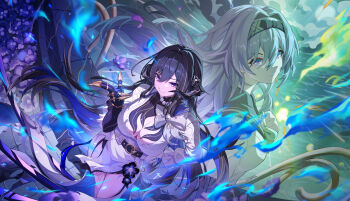  2girls absurdres artist_name back-to-back black_hair black_hairband blue_fire blue_hair bow bowtie breasts bupa_chila chinese_commentary claws cleavage closed_mouth commentary demon_girl demon_horns demon_tail dress fire firefly_(honkai:_star_rail) firefly_(spring_missive)_(honkai:_star_rail) floating_hair flower green_bow green_bowtie green_fire grey_hair grey_sailor_collar hair_between_eyes hair_intakes hairband hand_on_own_hip hand_up highres honkai:_star_rail honkai_(series) horns large_breasts long_sleeves looking_at_viewer mole mole_under_eye multicolored_hair multiple_girls official_alternate_costume parted_lips purple_eyes purple_flower sailor_collar school_uniform serafuku shirt smile split_theme tail the_dahlia_(honkai:_star_rail) white_dress white_shirt 