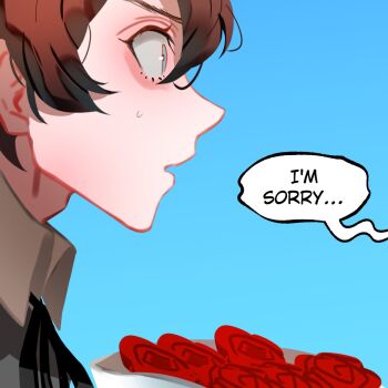  1boy blue_background bouquet brown_hair commentary english_commentary english_text flower from_side grey_eyes highres looking_ahead male_focus merryweather open_mouth original portrait profile red_flower red_rose rejection rose short_hair simple_background small_sweatdrop solo speech_bubble talking yukisaki_mayui 