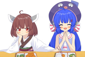  2girls ahoge blue_hair blush brown_hair chicken_(food) chopsticks closed_eyes commentary_request dress fang food food_theft fork fried_chicken hair_ornament hairclip hand_on_own_cheek hand_on_own_face hat highres holding holding_chopsticks japanese_clothes kakikeke kimono long_hair long_sleeves looking_to_the_side multiple_girls neckerchief open_mouth otomachi_una otomachi_una_(talkex) own_hands_together red_eyes sailor_collar salad short_hair skin_fang sleeveless sleeveless_dress smile spoon talkex touhoku_kiritan tray vocaloid voiceroid 