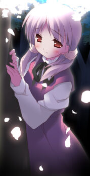 1girl blush cherry_blossoms female_focus kantoku kiriyama_sakura long_hair looking_away neck_ribbon peeking_out petals red_eyes ribbon sakura_musubi school_uniform solo tree twintails rating:Sensitive score:0 user:danbooru