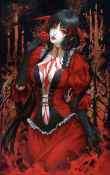  arm_at_side black_gloves black_hair bleeding blood blood_in_hair blood_on_face bloodstained:_curse_of_the_moon bloodstained:_ritual_of_the_night bloodstained_(series) bloody_tears braid breasts breasts_apart candle candlestand cleavage closed_mouth commentary corset cowboy_shot dress elbow_gloves english_commentary eyeshadow flower frills gloves hand_up head_tilt highres horns junkisakuraba long_hair looking_at_viewer makeup multi-source_commentary pale_skin parted_bangs plunging_neckline red_dress red_eyes rose runny_makeup second-party_source side_braids signature slit_throat vampire 