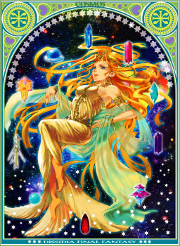  1girl armband armlet art_nouveau bad_id bad_pixiv_id bare_shoulders barefoot blonde_hair blue_eyes bracelet cosmos_(dff) cotton_candy_(artist) crown crystal dissidia_final_fantasy dress earrings feet female_focus final_fantasy floating_hair full_body highres jewelry long_hair solo space very_long_hair wataame_(green_tea) 