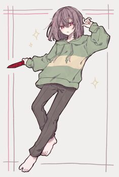  1girl 1other androgynous barefoot brown_hair brown_pants chara_(undertale) commentary_request diamond_(shape) drawstring green_sweater hand_up highres holding holding_knife holding_weapon hood hood_down hoodie knife long_sleeves looking_at_viewer okura_0915 other_focus pants red_eyes short_hair simple_background solo striped_clothes striped_sweater sweat sweatdrop sweater undertale utdr_(toby_fox) weapon 