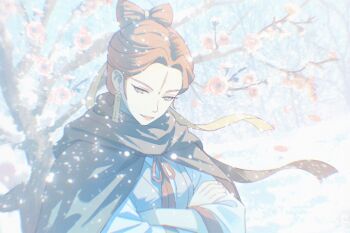  1girl awsj7858 commentary_request crossed_arms earrings flower green_eyes highres jewelry lanxi_zhen luo_xiaohei_zhanji outdoors pink_flower red_hair smile snow snowflakes snowing solo tree upper_body winter winter_clothes yan_ming_(the_legend_of_luoxiaohei) 