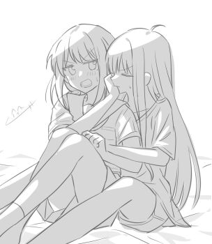  2girls between_legs blush cho_kaguya-hime! closed_eyes closed_mouth greyscale hand_on_another's_face highres hug hug_from_behind isumi kaguya_(cho_kaguya-hime!) long_hair monochrome multiple_girls open_mouth sakayori_iroha school_uniform serafuku shirt shorts sweat yuri 