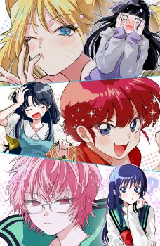  6+girls absurdres asako_(itiba) black_hair blonde_hair blue_dress blue_eyes blue_hair blush byakugan closed_eyes closed_mouth collared_shirt commentary_request dress fuurinkan_high_school_uniform genderswap genderswap_(mtf) glasses grey_eyes hand_on_own_chin hand_on_own_head hands_on_own_face highres holding holding_kettle hyuuga_hinata kettle long_hair looking_at_viewer multiple_girls multiple_views naruko_(naruto) naruto_(series) naruto_shippuuden one_eye_closed open_mouth pinafore_dress pink_eyes pink_hair polka_dot polka_dot_background portrait ranma-chan ranma_1/2 red_hair red_shirt saiki_kuriko saiki_kusuo saiki_kusuo_no_psi_nan school_uniform shirt sleeveless sleeveless_dress teeth tendou_akane teruhashi_kokomi trait_connection upper_teeth_only white_shirt 