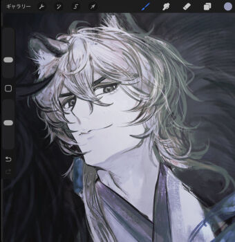  1boy animal_ear_fluff animal_ears arknights art_program_in_frame babu_don_(don_10_13) closed_mouth commentary_request grey_eyes grey_hair hair_between_eyes looking_at_viewer male_focus portrait procreate_(software) silverash_(arknights) smile snow_leopard_boy snow_leopard_ears solo user_interface 