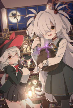  5girls absurdres akira_(blue_archive) black_choker black_skirt blue_archive book book_stack bookshelf bow breasts brown_hair card choker closed_eyes closed_mouth collared_shirt commentary_request eri_(blue_archive) full_moon halo hand_on_own_cheek hand_on_own_face hat highres holding holding_card kanoe_(blue_archive) large_breasts long_hair long_sleeves moon multiple_girls night night_sky open_mouth orange_eyes orange_halo pantyhose pleated_skirt red_bow rena_(blue_archive) sarfata shirt skirt sky smile tsumugi_(blue_archive) very_long_hair white_hair white_shirt witch_hat 