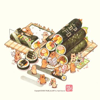  >_< animal apron axe bag blush cellphone chibi chibi_only commentary_request cooking copyright_notice drooling eating food gloves grin hat holding holding_axe holding_bag holding_phone korean_commentary makizushi no_humans nori_(seaweed) original petals phone picnic_blanket pink_hat pink_petals quokka simple_background smartphone smile sushi sweatdrop talbi watermark white_background 