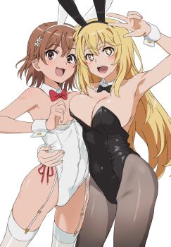  2girls :d alternate_costume animal_ear_hairband animal_ears arm_around_waist asymmetrical_docking black_bow black_bowtie black_leotard black_pantyhose blonde_hair bow bowtie breast_press breasts brown_eyes brown_hair cleavage convenient_hand covered_navel detached_collar fake_animal_ears garter_straps hair_ornament hairband hairpin highleg highleg_leotard highres kippei large_breasts leotard long_hair looking_at_viewer misaka_mikoto multiple_girls open_mouth pantyhose playboy_bunny rabbit_ear_hairband rabbit_ears red_bow red_bowtie shokuhou_misaki short_hair small_breasts smile sparkling_eyes strapless strapless_leotard thighhighs toaru_kagaku_no_railgun toaru_majutsu_no_index very_long_hair w wardrobe_malfunction white_background white_garter_straps white_leotard white_thighhighs white_wrist_cuffs wrist_cuffs yellow_eyes  rating:Questionable score:37 user:danbooru