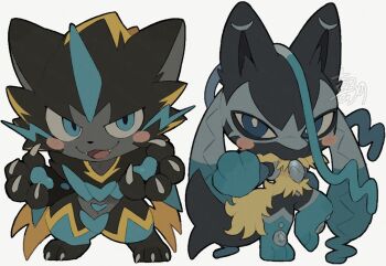  1other animal_ears animal_nose black_fur blue_eyes blue_fur blush blush_stickers body_fur claws fangs furry gen_4_pokemon gen_7_pokemon hashtag-only_commentary horns kiirono legendary_pokemon looking_at_viewer lucario mega_lucario_z mega_pokemon mega_zeraora multicolored_fur mythical_pokemon nintendo open_mouth other_focus pokemon pokemon_(creature) pokemon_focus pokemon_legends:_z-a simple_background single_horn smile spikes tail two-tone_fur v-shaped_eyes whiskers white_background yellow_fur zeraora 