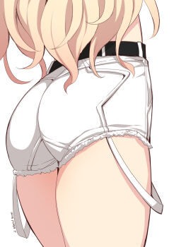  1girl ass ass_focus belt black_belt blonde_hair commentary_request from_behind gakuen_idolmaster head_out_of_frame highres idolmaster juo_sena long_hair short_shorts shorts solo strap thick_thighs thighs uccow wavy_hair white_background white_shorts 