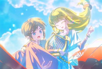  1boy 1girl bangle belt blonde_hair blue_eyes blue_sky blunt_bangs bracelet carrying closed_eyes cloud cloudy_sky colored_eyelashes dress gold_belt green_ribbon hashtag-only_commentary highres holding holding_instrument holding_lyre instrument jacket jewelry link long_dress long_hair low-tied_long_hair lyre nintendo open_mouth outdoors pink_dress pink_ribbon pointy_ears princess_carry princess_zelda ribbon shirt short_hair sidelocks sky smile sweatdrop the_legend_of_zelda the_legend_of_zelda:_skyward_sword upper_body white_jacket white_shirt znal_km 