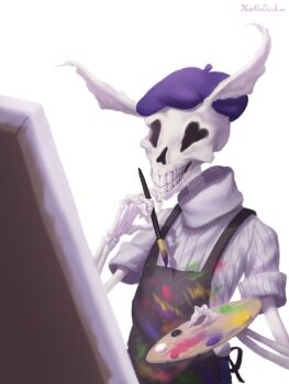  1other antennae apron artist_painter beret black_apron blue_hat commentary easel english_commentary hat heart heart-shaped_eyes highres holding holding_paint_palette kimchunsik original paint_palette painter_(stereotype) skeleton solo teeth white_background 