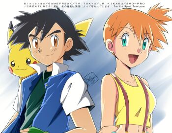 1boy 1girl :d arms_behind_back artist_name ash_ketchum black_hair blue_jacket breasts brown_eyes closed_mouth collarbone copyright_name english_text eyelashes fingerless_gloves gen_1_pokemon gloves green_eyes green_gloves hair_between_eyes jacket looking_at_viewer misty_(pokemon) miyuki_tsukiyono navel nintendo on_shoulder open_clothes open_jacket open_mouth orange_hair pikachu pokemon pokemon_(anime) pokemon_(classic_anime) pokemon_(creature) pokemon_on_shoulder pokemon_rgby ponytail shirt short_hair short_sleeves side_ponytail sleeveless sleeveless_shirt smile spiked_hair suspenders tank_top tongue upper_body yellow_shirt yellow_tank_top