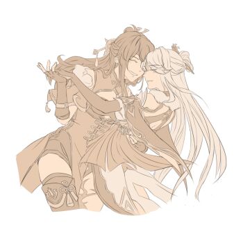  2girls bare_shoulders beidou_(genshin_impact) boots breasts china_dress chinese_clothes cleavage_cutout closed_eyes closed_mouth clothing_cutout commentary cowboy_shot dancing dress elbow_gloves english_commentary eyepatch fingerless_gloves fingernails floating_clothes flower_knot from_side fur_collar genshin_impact gloves greyscale hair_ornament hair_stick hand_around_waist hand_up highres holding_hands lapels long_hair mandarin_collar medium_breasts monochrome multiple_girls ningguang_(genshin_impact) short_sleeves simple_background smile standing tassel tassel_hair_ornament teeth thigh_boots thigh_strap yurenn yuri 