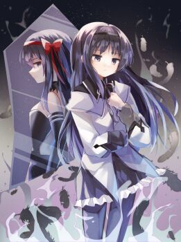  1girl absurdres akemi_homura black_background black_dress black_eyes black_gloves black_hair black_hairband black_pantyhose black_skirt bow commentary_request cowboy_shot different_reflection dress elbow_gloves falling_feathers feathers frilled_skirt frills frown gloves gradient_background hair_bow hairband highres jacket long_sleeves mahou_shoujo_madoka_magica mani_(manidrawings) pantyhose pleated_skirt red_bow red_hairband reflection skirt standing white_jacket 