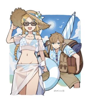 1boy 1girl backpack bag bikini dango_(uni_520) glasses hat highres innertube link navel nintendo parasol pointy_ears princess_zelda straw_hat swim_ring swimsuit the_legend_of_zelda umbrella rating:Sensitive score:5 user:Hullyen