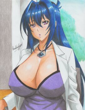 1girl artist_name blue_hair blush breasts cleavage coat collar collarbone covered_erect_nipples dress female_focus hair_between_eyes hair_intakes huge_breasts indoors jewelry lab_coat long_hair looking_at_viewer maken-ki! necklace nijou_aki open_mouth purple_eyes purple_shirt ravernclouk_design shiny_skin shirt signature solo traditional_media upper_body very_long_hair white_coat window