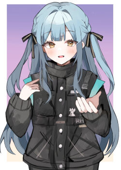  1girl :d arknights bang_dream! bang_dream!_it's_mygo!!!!! beckoning black_jacket black_ribbon blue_hair blush border braid buttons center-flap_bangs commentary_request commission double-parted_bangs gradient_background hair_intakes hair_ribbon hands_up high-ended_braid highres jacket long_hair long_sidelocks long_sleeves looking_at_viewer open_mouth purple_background reaching reaching_towards_viewer rhodes_island_logo_(arknights) rhodes_island_uniform ribbon sidelocks simple_background skeb_commission smile solo straight-on togawa_sakiko togawa_sakiko_(sarkaz) two_side_up upper_body variant_set white_border yellow_eyes yuzu_ringo_(ohayou_hey) 