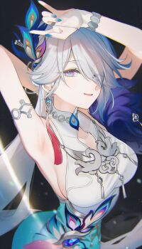  1girl ai-assisted armpits black_background blue_nails breasts bridal_gauntlets collarbone commentary_request eyes_visible_through_hair fingernails grey_hair hair_ornament hair_over_one_eye highres honkai:_star_rail honkai_(series) long_hair looking_at_viewer medium_breasts nail_polish parted_lips pink_eyes poki_(j0ch3fvj6nd) simple_background smile solo very_long_hair yao_guang_(honkai:_star_rail) 