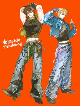  2boys abs arms_up battle_tendency belt black_gloves black_shirt black_shoes blonde_hair blue_eyes blue_gloves blue_jacket brown_hair caesar_anthonio_zeppeli closed_mouth commentary_request copyright_name denim full_body gloves green_scarf grey_shoes highres jacket jeans jewelry jojo_no_kimyou_na_bouken joseph_joestar joseph_joestar_(young) loose_pants male_focus midriff multiple_boys multiple_girls muscular muscular_male necklace open_clothes open_jacket orange_background pants scarf shirt shoes short_hair sideways_glance simple_background sleeveless sleeveless_shirt untabunta 