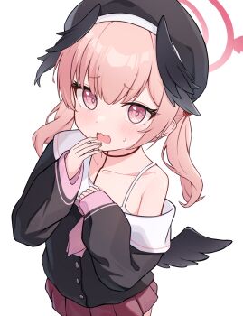 1girl beret black_hat black_shirt black_wings blue_archive blush collarbone commentary cowboy_shot feathered_wings halo hands_up hat head_wings highres koharu_(blue_archive) long_sleeves low_wings neckerchief nonddu off_shoulder open_mouth pink_eyes pink_hair pink_halo pink_neckerchief pink_skirt pleated_skirt sailor_collar school_uniform serafuku shirt simple_background skirt sleeves_past_wrists solo spaghetti_strap sweatdrop twintails white_background white_sailor_collar wings rating:General score:10 user:danbooru