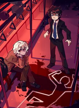  2boys absurdres akinashi_haru apple bag black_hair black_jacket black_pants blue_eyes bottle brown_cardigan brown_pants cardigan collared_shirt commentary corvitorium crossed_legs english_commentary food fruit full_body highres jacket lapels multiple_boys notched_lapels pants red_eyes saihate_eki school_bag shirt sitting tatsunami_shion tie_clip towel train_interior white_hair white_shirt 