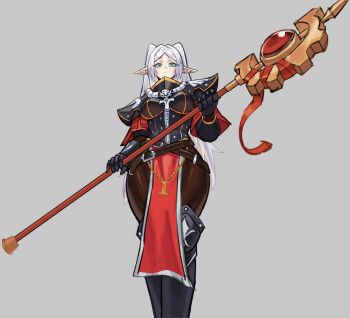  1girl adepta_sororitas armor commentary elf english_commentary expressionless frieren green_eyes grey_background highres holding holding_staff long_pointy_ears looking_at_viewer mage_staff parted_bangs podobrick pointy_ears power_armor red_ribbon ribbon shoulder_armor simple_background solo sousou_no_frieren staff thighs twintails warhammer_40k  rating:Sensitive score:20 user:danbooru