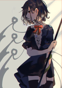  1girl absurdres asymmetrical_wings black_dress black_hair black_thighhighs commentary_request dress expressionless from_side hair_behind_ear highres houjuu_nue medium_hair parted_lips red_eyes shi_chimi short_sleeves solo thighhighs touhou wings zettai_ryouiki 