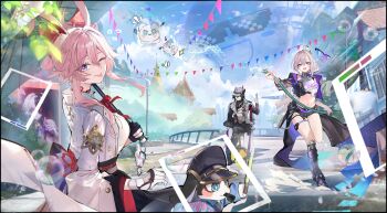  1boy 2026 2girls ;p animal_ears ashveil_(honkai:_star_rail) asymmetrical_gloves black_gloves black_hair black_jacket black_pants black_shorts blue_sky breasts commentary crop_top drill_hair evanescia_(honkai:_star_rail) fedora fox_ears fox_girl gloves grey_eyes grey_hair grey_vest hat highres holding holding_umbrella honkai:_star_rail honkai_(series) jacket kaya_(ayase_kaya) large_breasts long_hair looking_at_viewer midriff mismatched_gloves multiple_girls navel one_eye_closed pants pink_hair pom-pom_(honkai:_star_rail) purple_eyes shirt short_hair_with_long_locks short_shorts shorts silver_wolf_(honkai:_star_rail) silver_wolf_(lv.999)_(honkai:_star_rail) sitting sky songkran sparkle_(honkai:_star_rail) sparxie_(honkai:_star_rail) sparxie_(sparxiconofficial)_(honkai:_star_rail) thighs tongue tongue_out umbrella very_long_hair vest white_gloves white_shirt 