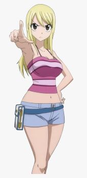  1girl armpits bare_arms bare_legs bare_shoulders belly blonde_hair breasts brown_eyes cleavage fairy_tail highres large_breasts long_hair lucy_heartfilia navel pointing short_shorts shorts solo tank_top  rating:Sensitive score:32 user:pojojo2