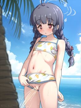  1girl ahoge arisu_kazumi arm_behind_back bikini bikini_bottom_aside black_hair blue_archive blue_sky blush braid cleft_of_venus clothing_aside cloud cloudy_sky cowboy_shot embarrassed flat_chest halo loli long_hair looking_down low_twin_braids miyu_(blue_archive) miyu_(swimsuit)_(blue_archive) ocean palm_tree pee peeing pussy red_eyes sky solo standing sway_back sweat swimsuit textless_version tree twin_braids uncensored watering_with_pee white_bikini  rating:Explicit score:221 user:danbooru