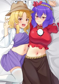  2girls akasaka_sato blonde_hair blush breasts brown_hat brown_skirt closed_mouth commentary_request hair_ornament hair_ribbon hat highres large_breasts layered_sleeves leaf_hair_ornament long_hair long_sleeves looking_at_viewer lying midriff mirror moriya_suwako multiple_girls navel on_back open_mouth orange_eyes paid_reward_available purple_hair purple_skirt purple_vest red_eyes red_ribbon red_shirt ribbon rope shirt short_over_long_sleeves short_sleeves skirt skirt_set small_breasts smile thighhighs touhou tress_ribbon vest w white_thighhighs wide_sleeves yasaka_kanako 