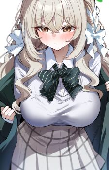  1girl absurdres black_bow black_bowtie black_jacket blue_archive blush bow bowtie braid bralines breasts brown_hair cardigan closed_mouth commentary_request crossed_bangs diagonal-striped_bow diagonal-striped_bowtie diagonal-striped_clothes grey_skirt hair_between_eyes hair_bow hair_ribbon highres jacket large_breasts long_hair miyo_(blue_archive) open_clothes open_jacket opened_by_self ribbon ribbon_braid sak_(lemondisk) school_uniform shirt simple_background skirt solo striped_bow striped_bowtie striped_clothes white_background white_bow white_cardigan white_shirt yellow_eyes 