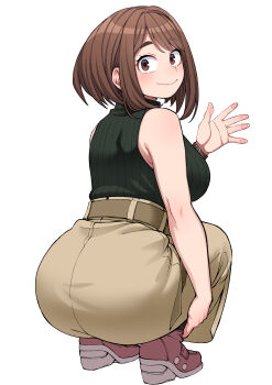  1girl absurdres belt black_sweater blush boku_no_hero_academia breasts brown_belt brown_eyes brown_hair closed_mouth commentary_request from_behind from_side highres kobaji large_breasts looking_at_viewer looking_back red_shoes revision shoes short_hair simple_background sleeveless sleeveless_sweater smile solo squatting sweater uraraka_ochako white_background 