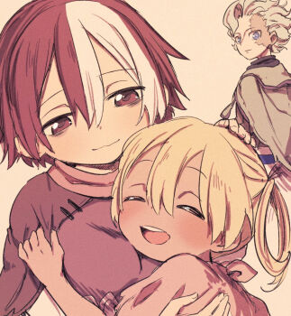  1boy 2girls asymmetrical_bangs bags_under_eyes belafu belafu_(human) blonde_hair blue_eyes blue_scarf brown_capelet burn_scar capelet closed_mouth dark-skinned_female dark_skin grey_capelet hair_between_eyes hair_rings hug irumyuui looking_at_another made_in_abyss mauyu medium_hair multiple_girls open_mouth red_eyes red_hair red_scarf scar scar_on_face scarf sepia sepia_background short_hair smile teeth upper_teeth_only vueko wavy_mouth white_hair 