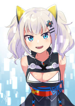  1girl :d arms_behind_back bare_shoulders black_dress blue_eyes blush breasts cleavage cleavage_cutout clothing_cutout commentary dress eyelashes grey_hair hair_ornament hairclip highres kaguya_luna large_breasts long_hair obi open_mouth ribbon sash signature sleeveless sleeveless_dress smile solo striped_ribbon teeth the_moon_studio tongue tsurime turtleneck twintails upper_body virtual_youtuber x_hair_ornament yuama 