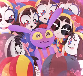  1boy @_@ animal_ears black_hair blue_hat blush clone closed_eyes closed_mouth colored_skin from_behind gloves hat headpat highres jax_(the_amazing_digital_circus) jester_cap looking_at_another looking_down meme open_mouth pomni_(the_amazing_digital_circus) purple_skin rabbit_boy rabbit_ears red_gloves red_suspenders sharp_teeth short_hair smile sonic_surrounded_by_amy_plush_dolls_(meme) starfirell1 teeth the_amazing_digital_circus two-tone_hat wavy_mouth yellow_eyes 